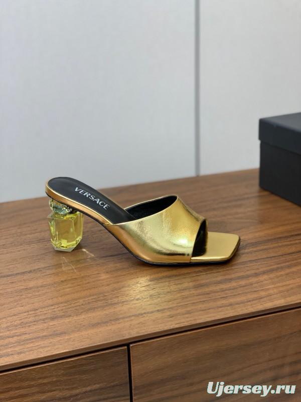 2025 Women VERSACE Gold Leather Heeled Sandals