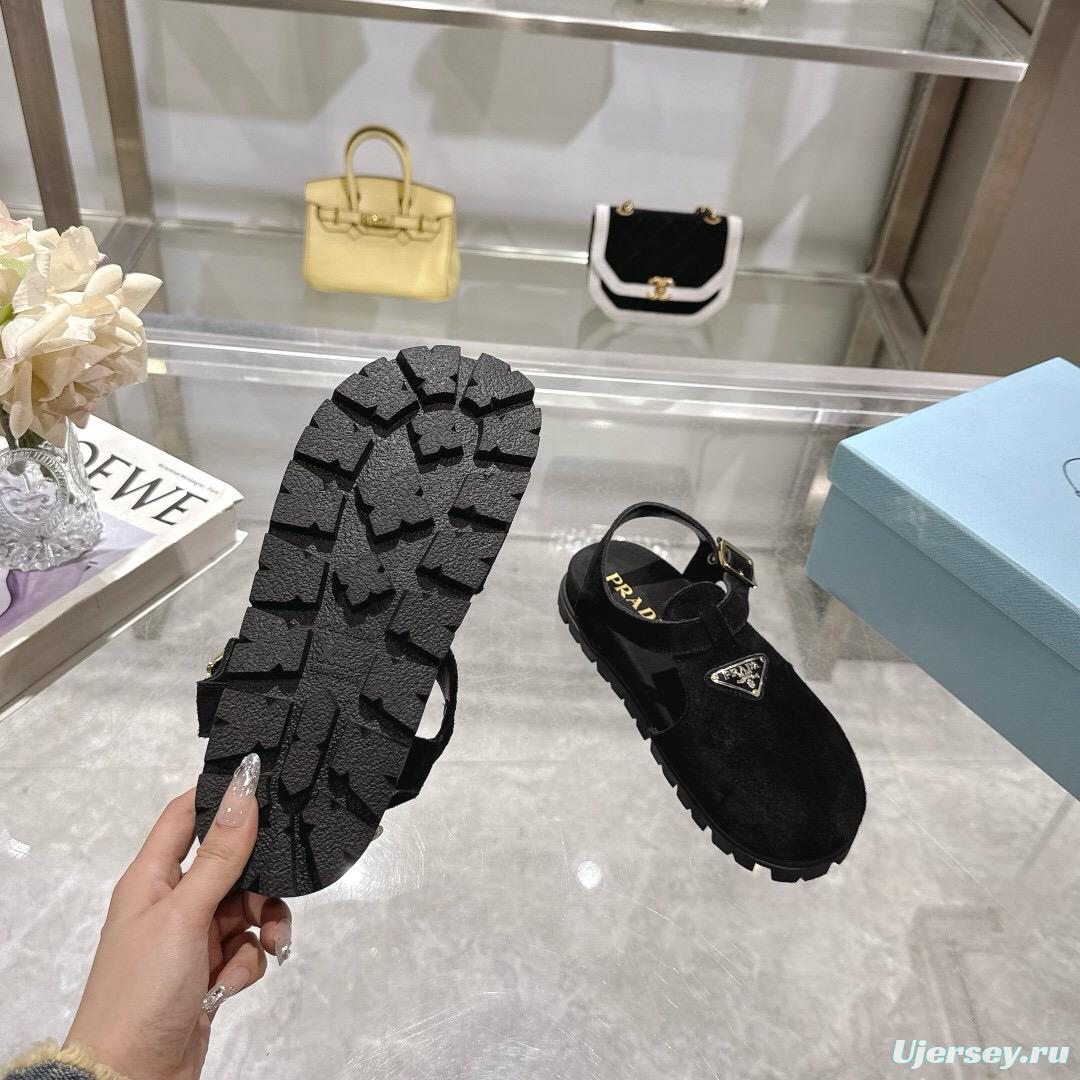 2025 Women Prada Black Suede Sandals LY00270