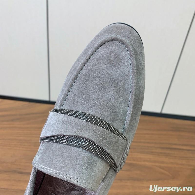 2025 Men Brunello Cucinelli Grey Suede Loafers Handcrafted Leather Sole KFY00300(M)