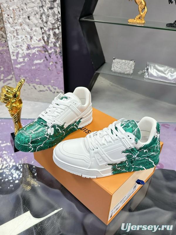 2024 Unisex Louis Vuitton Green White Leather Plimsolls Hand-Painted MJ00780