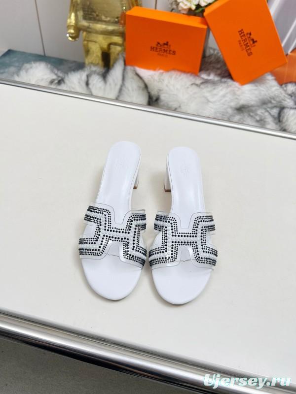 2025 Slippers Hermès White Leather Crystal MJ00180