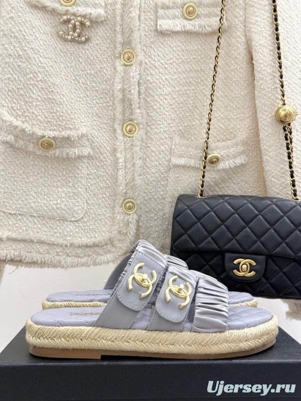 2025 Women Chanel Silver Leather Slippers KFY00230