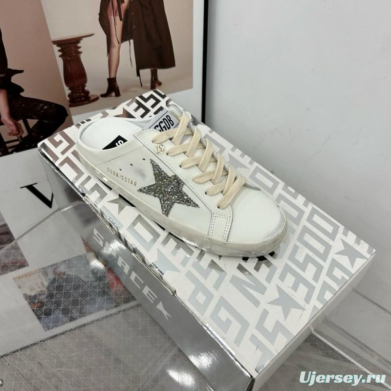 2025 Women GGDB White Silver Leather Suede Star Mules