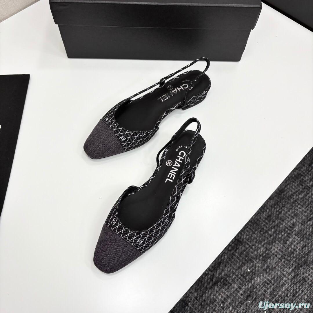 2025 Women Chanel Black White Fabric Leather Slingback LY00240