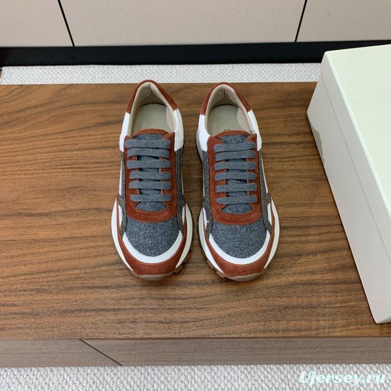 2025 Unisex Brunello Cucinelli Grey Brown White Suede Fabric Sneakers LY