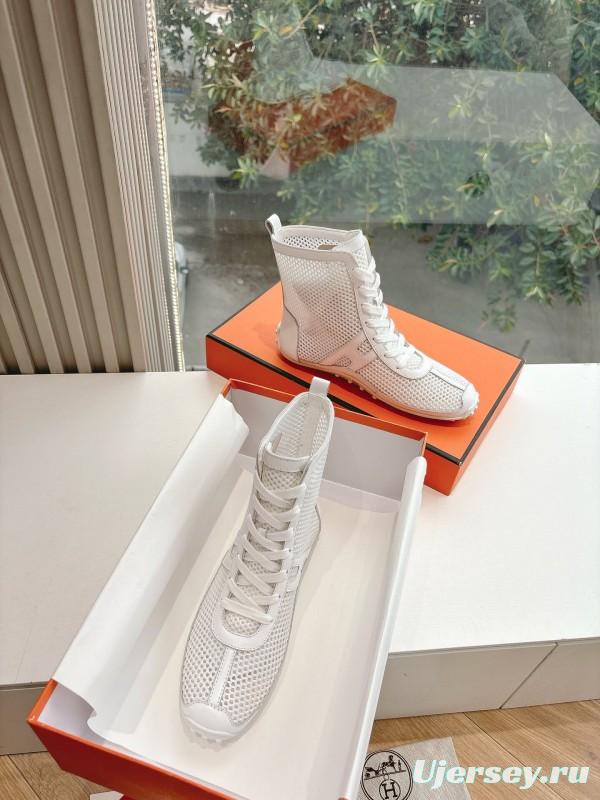 2025 Women Hermès White Leather Mesh Ankle Boots