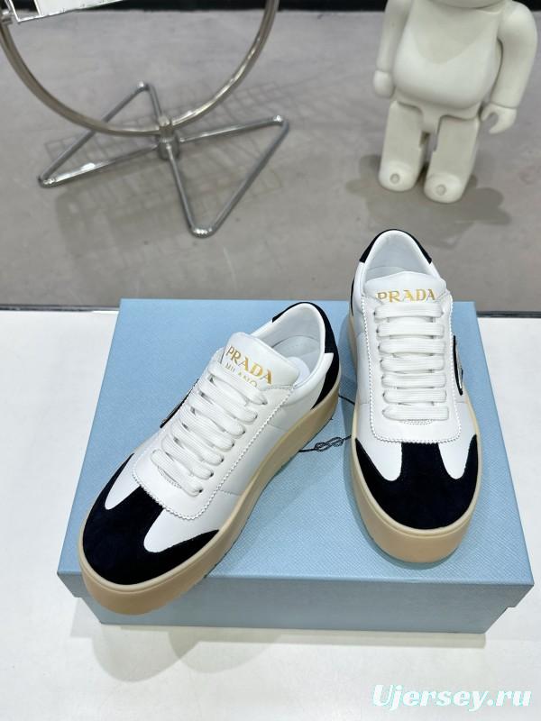 2025 Women Prada White Black Leather Suede Sneakers