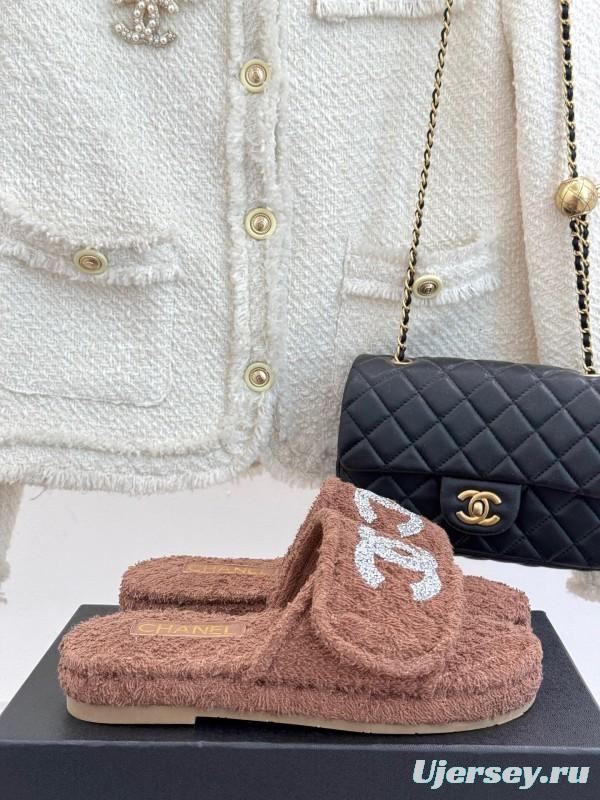2025 CHANEL Brown Terrycloth Slippers CC Logo KFY00220