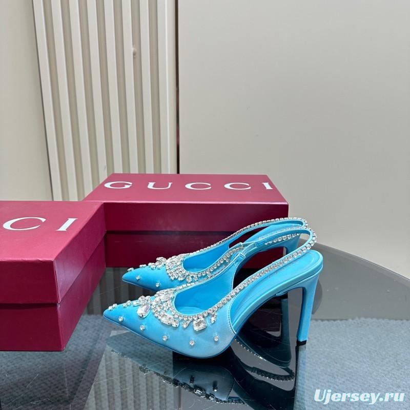 2025 Women Gucci Blue Silk Crystal Embellished Slingback High Heel KFY00340