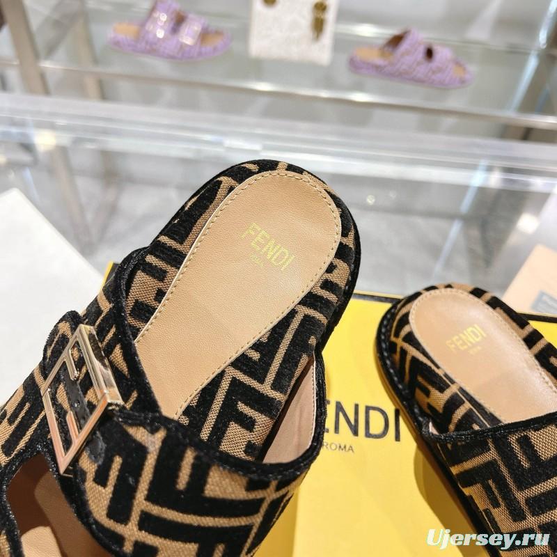 2025 Fendi Black Beige Jacquard Fabric Leather Slippers