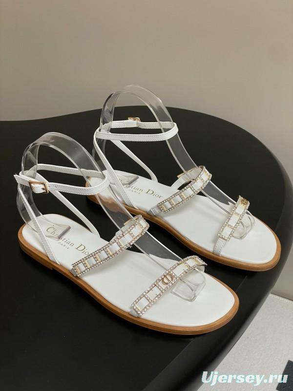 2025 Women Dior White Leather Flat Sandals Crystal Embellishment