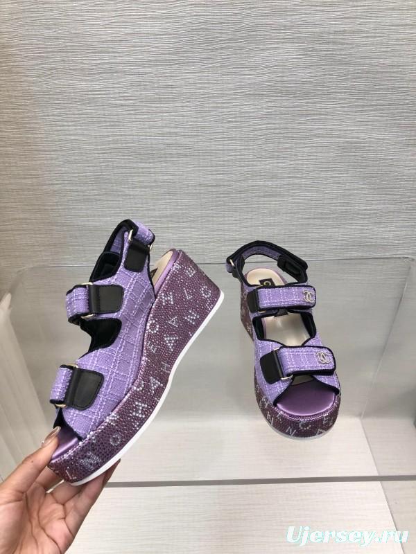 2025 Slippers Chanel Purple Fabric Wedge Sandals