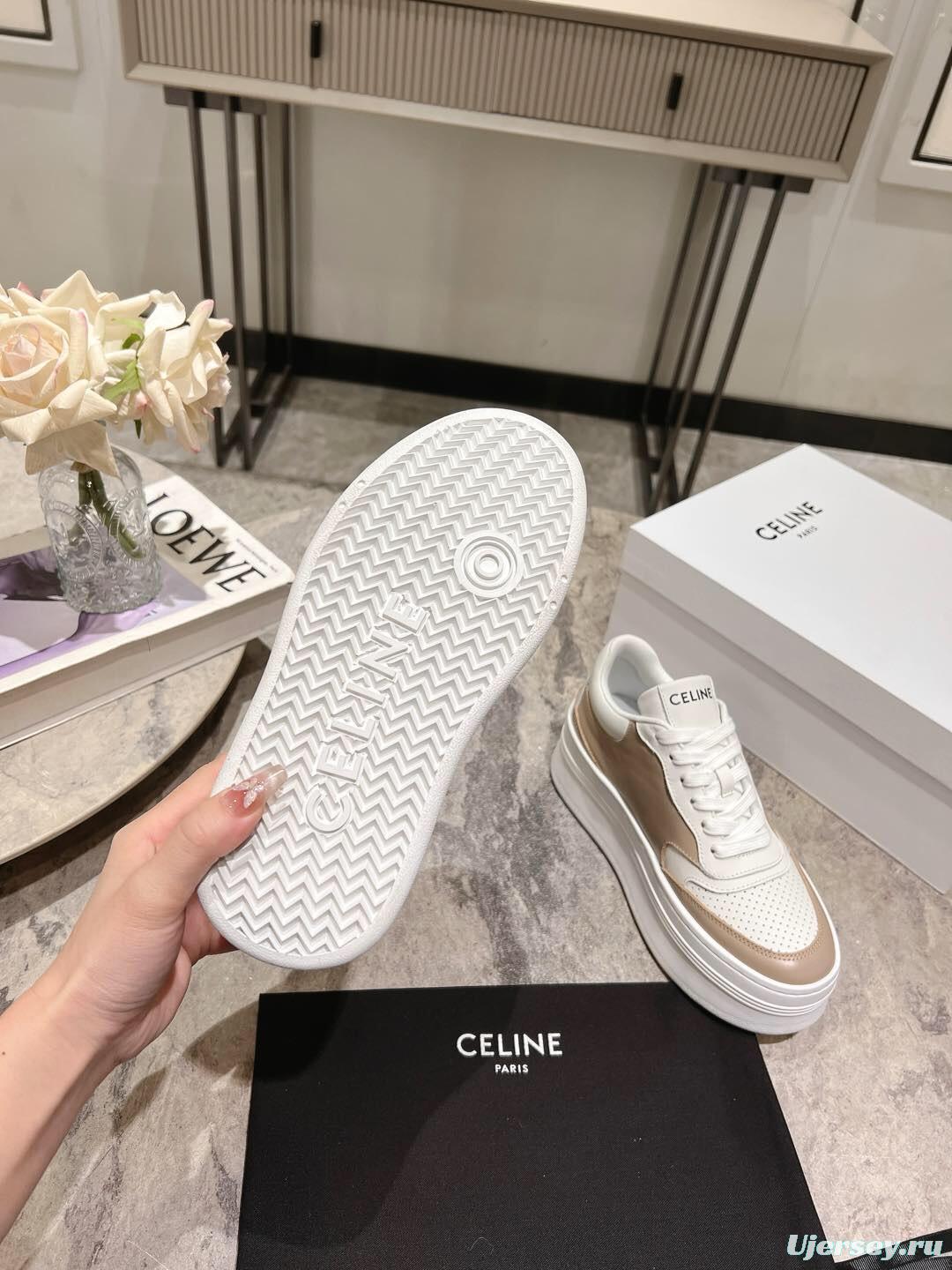 2025 Women Celine Beige White Leather Platform Sneakers