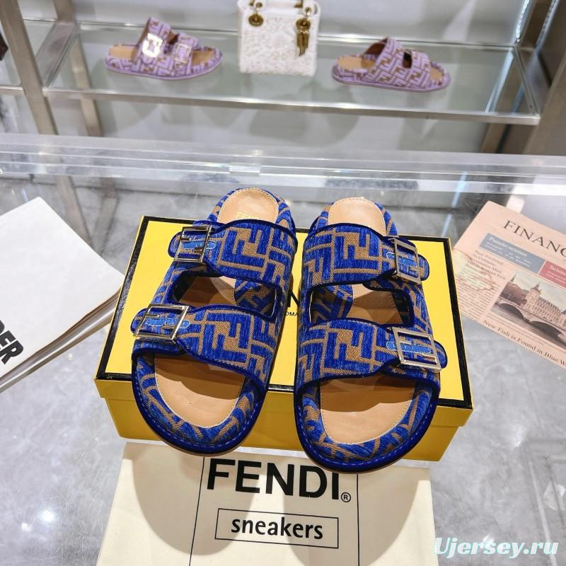 2025 Slippers Fendi Blue Brown Jacquard Buckle KFY00250