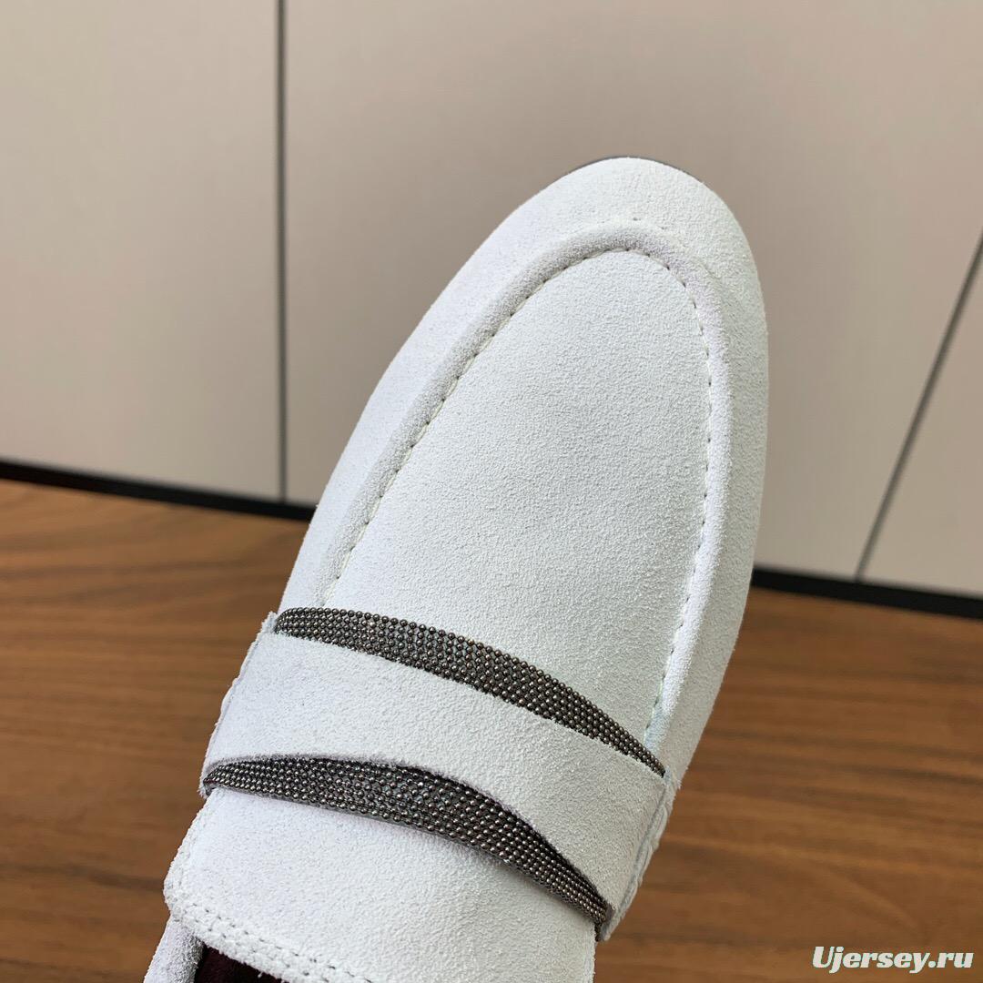 2025 Women Brunello Cucinelli White Suede Loafers Handcrafted Bead Chain Detail LY00360 (F)