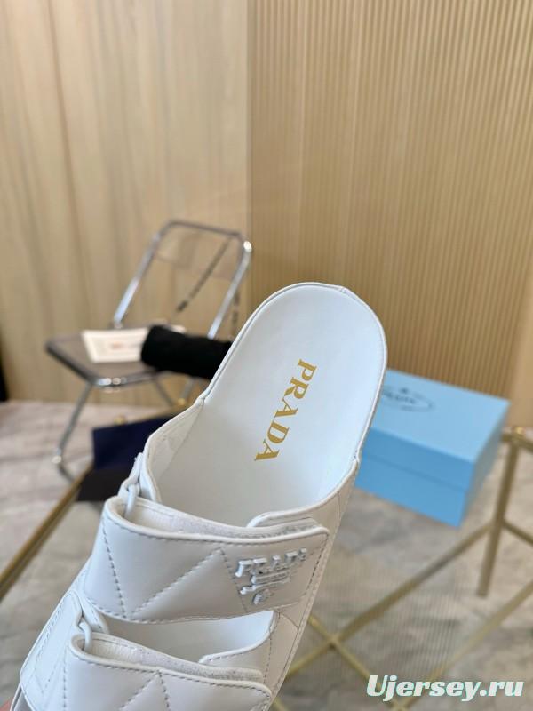 2025 Women Prada White Leather Slippers LY00270