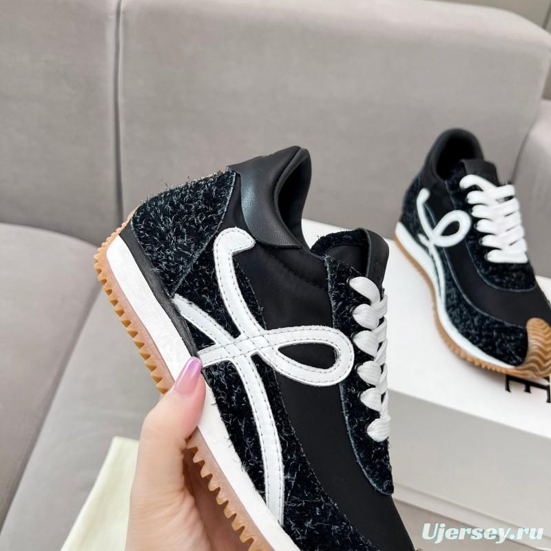2025 Women Loewe Black White Leather Fabric Sneakers