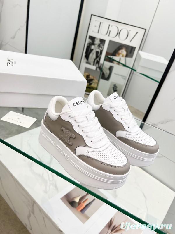 2025 Women Celine White Grey Leather Block Triomphe Sneakers LY00270
