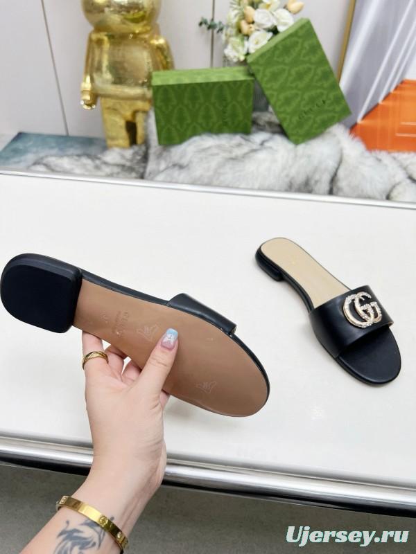 2025 Gucci Black Leather Slippers Double G Buckle MJ00190