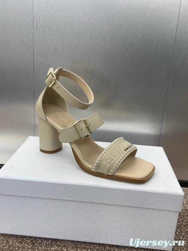 2025 Women Dior Beige Leather Embroidered Sandals