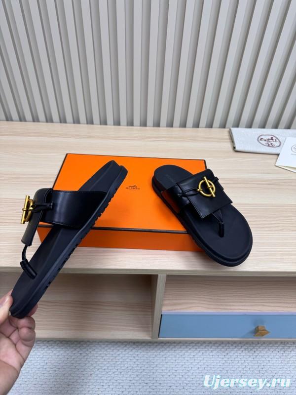 2025 Women Hermès Black Leather Slippers