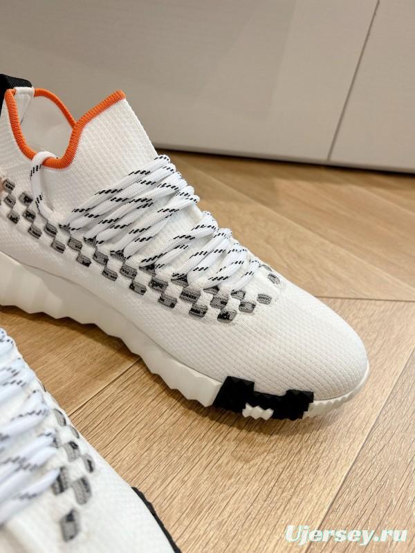 2024 Unisex Hermès White Grey Orange Calfskin Suede Knit Sneakers MJ00290(F/M)