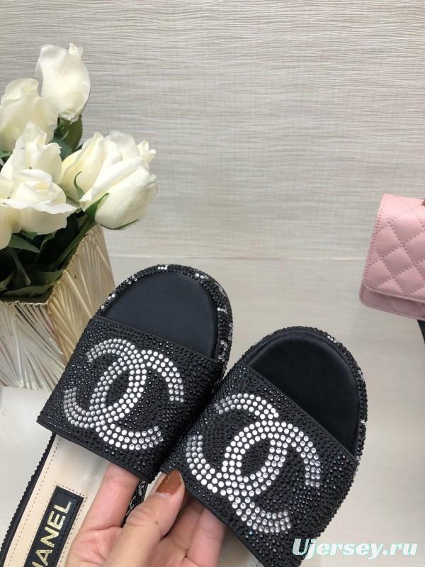 2025 Women Chanel Black Fabric Rhinestone Slippers LY00320