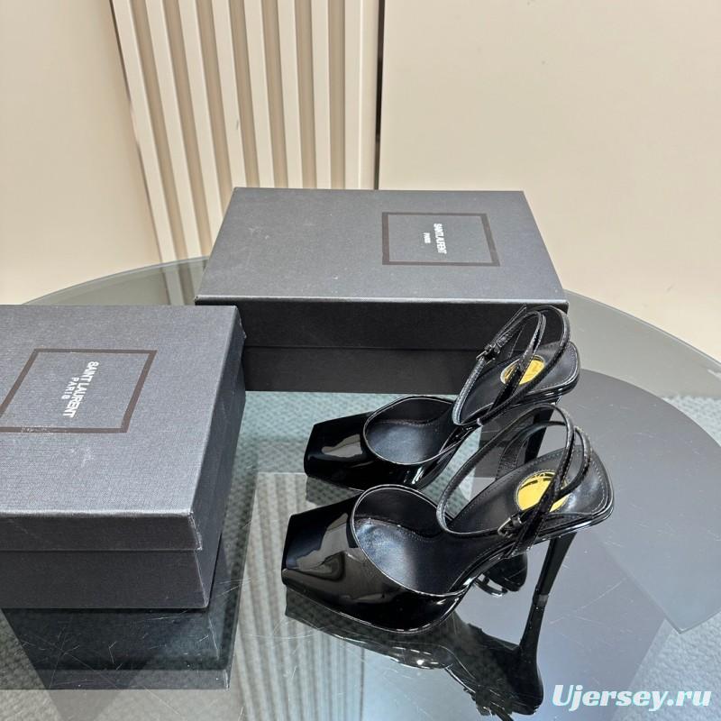 2025 Women Yves Saint Laurent Black Patent Leather High Heel Sandals