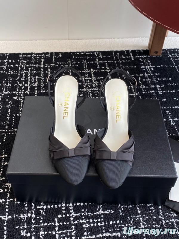 2025 Women Chanel Black Satin Leather High Heels Bow Slingback KFY00289