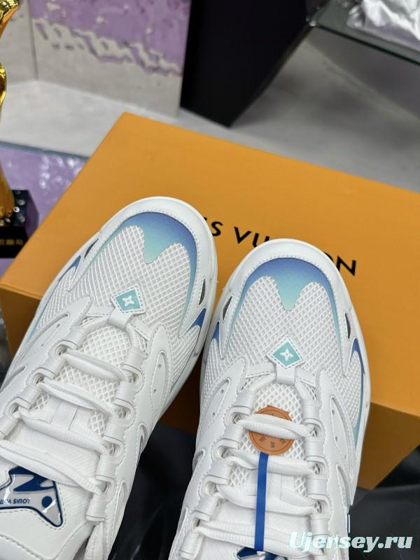 2025 Men Louis Vuitton Blue White Mesh Leather Sneakers MJ00420