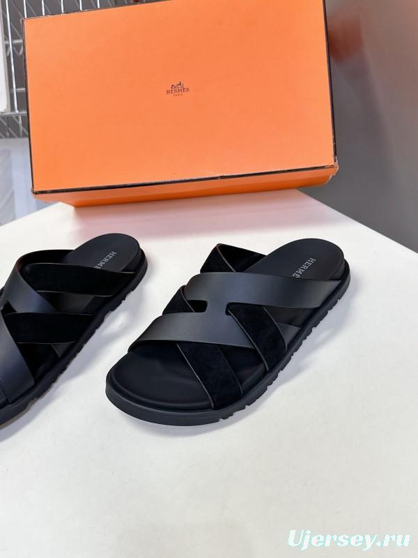 2025 Slippers Hermès Black Leather Slippers