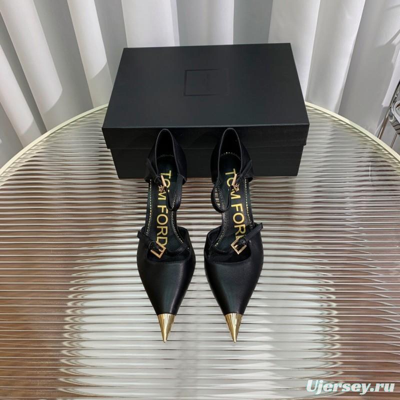 2025 Women TOM FORD Black Gold Leather Heels Metal Toe KFY00320