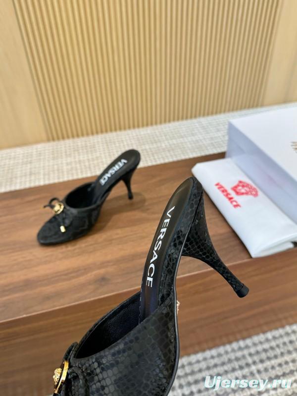 2025 Women VERSACE Black Leather Mule Heels LY00250
