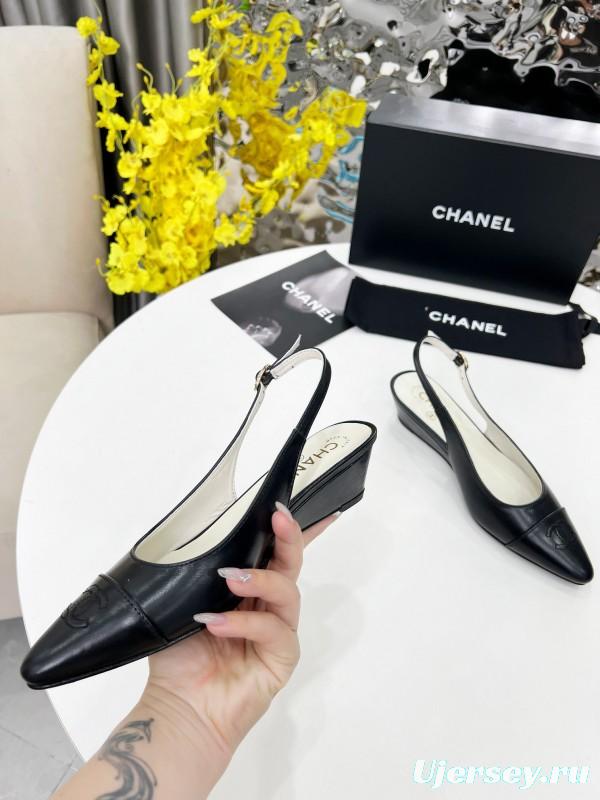 2025 Women Chanel Black Leather Slingback Flats