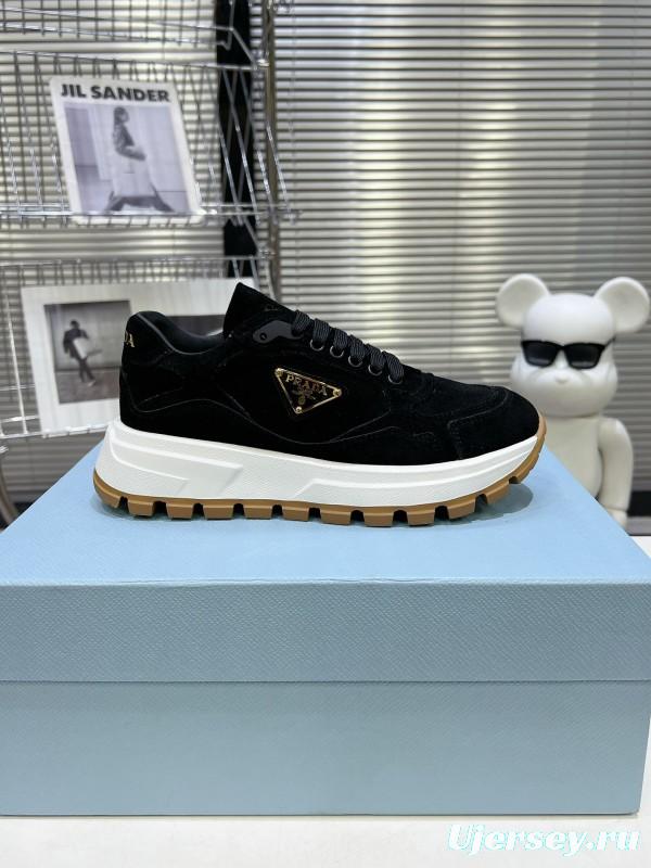 2025 Unisex Prada Black Suede Leather Sneakers KFY00310