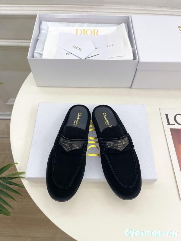 2025 Women Dior Black Leather Slip-On Loafers Crafted With Original Rubber Sole KFY00300(F)