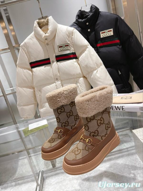 2024 Women Gucci brown leather sheep wool snow boots MJ00420