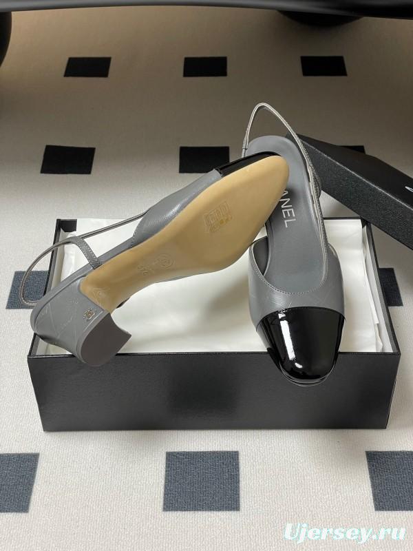2025 Women Chanel Grey Black Leather Sling-back Heel