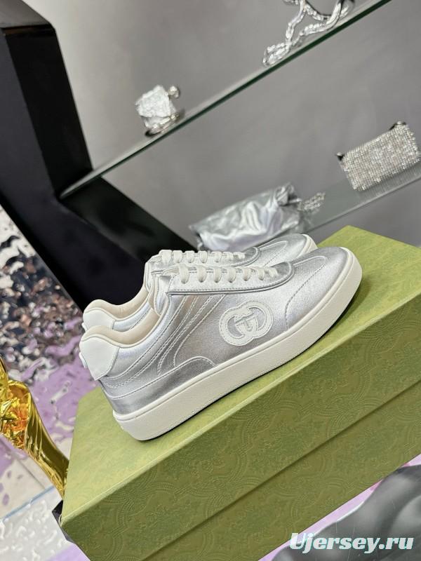 2024 Unisex Gucci Silver White Leather Suede Sneakers MJ00310