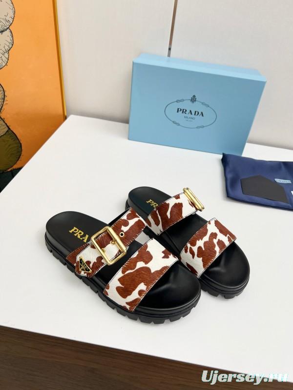 2025 Slippers Prada Brown White Leather Cow Print LY00260