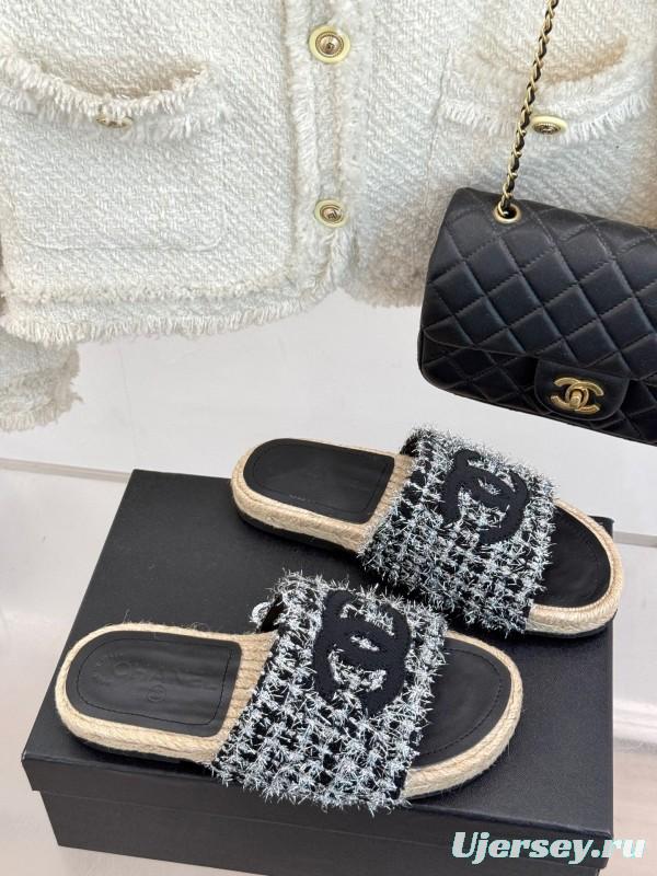 2025 Slippers Chanel Black White Tweed Espadrille Handcrafted KFY00230