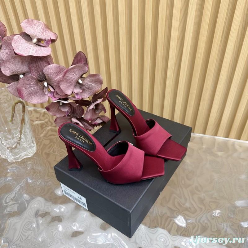 2025 Women Yves Saint Laurent Burgundy Satin High Heel Mules