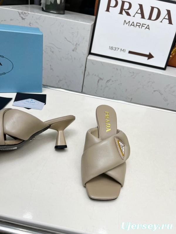 2025 Women Prada Beige Leather Mule Triangle Logo LY00270