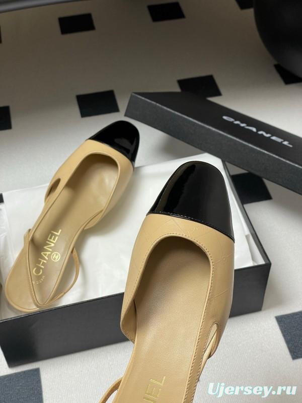 2025 Women Chanel Beige Black Leather Sling-back Flat Heel
