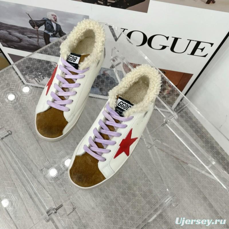 2025 Women GGDB White Red Brown Leather Shearling Sneakers