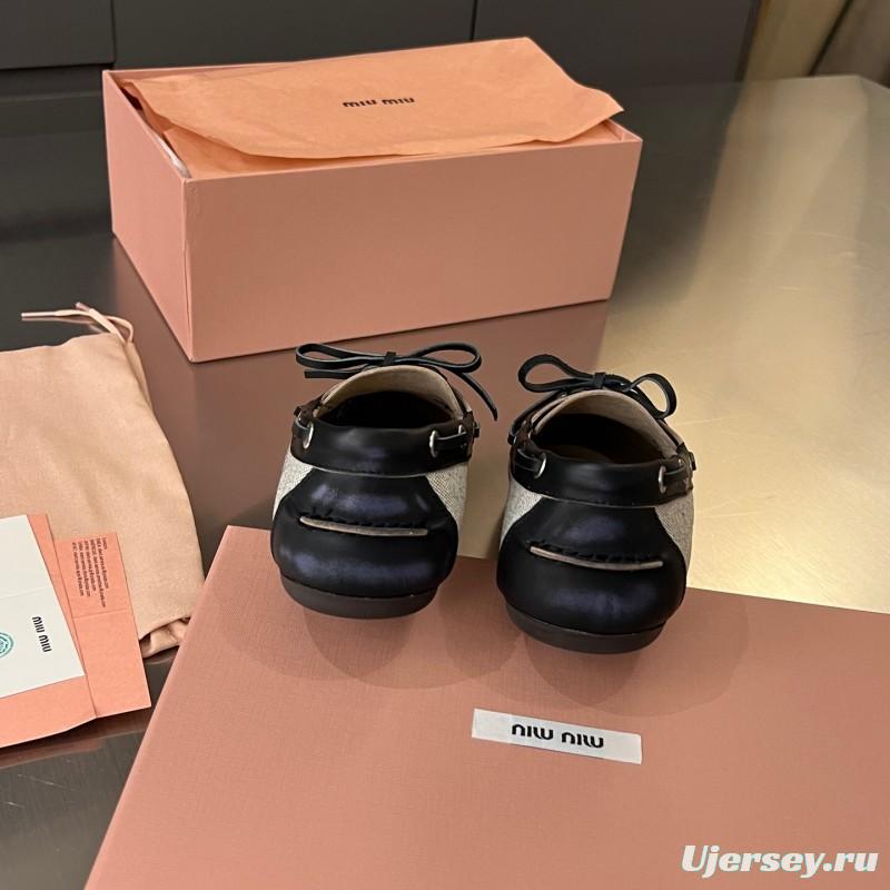 2025 Women Miu Miu Black Beige Leather Fabric Loafers