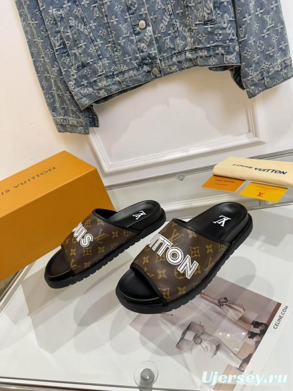 2025 Louis Vuitton Brown Black Leather Slippers LY