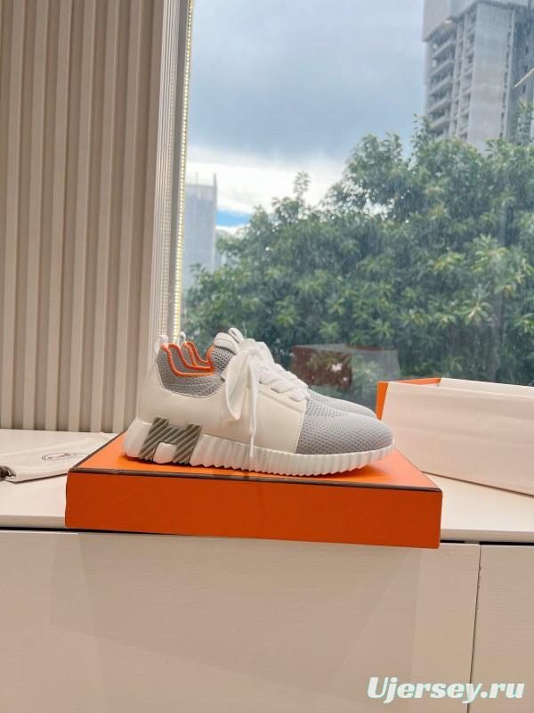 2024 Unisex Hermès Gray White Orange Calf Leather Suede Knit Sneakers MJ00290