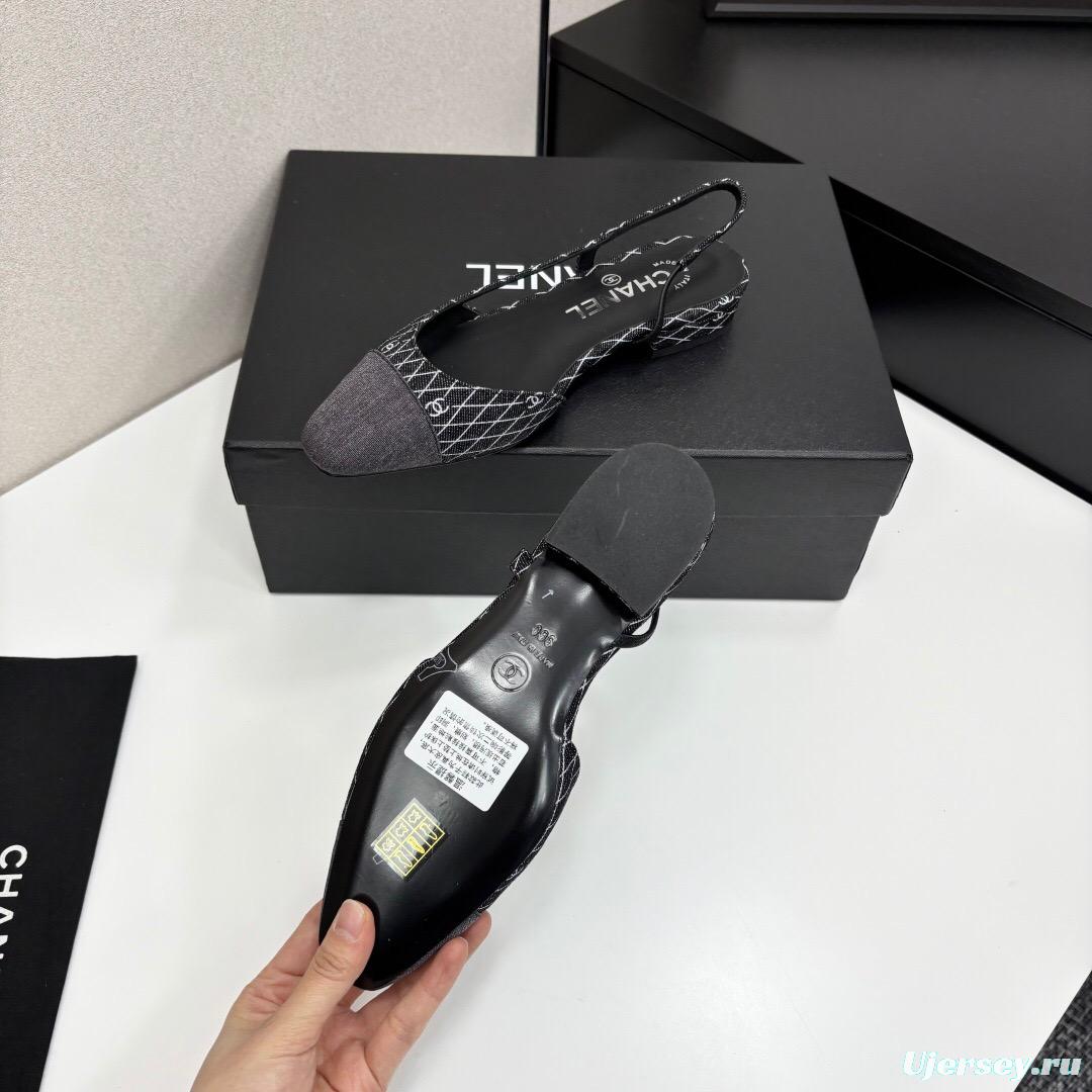 2025 Women Chanel Black White Fabric Leather Slingback LY00240