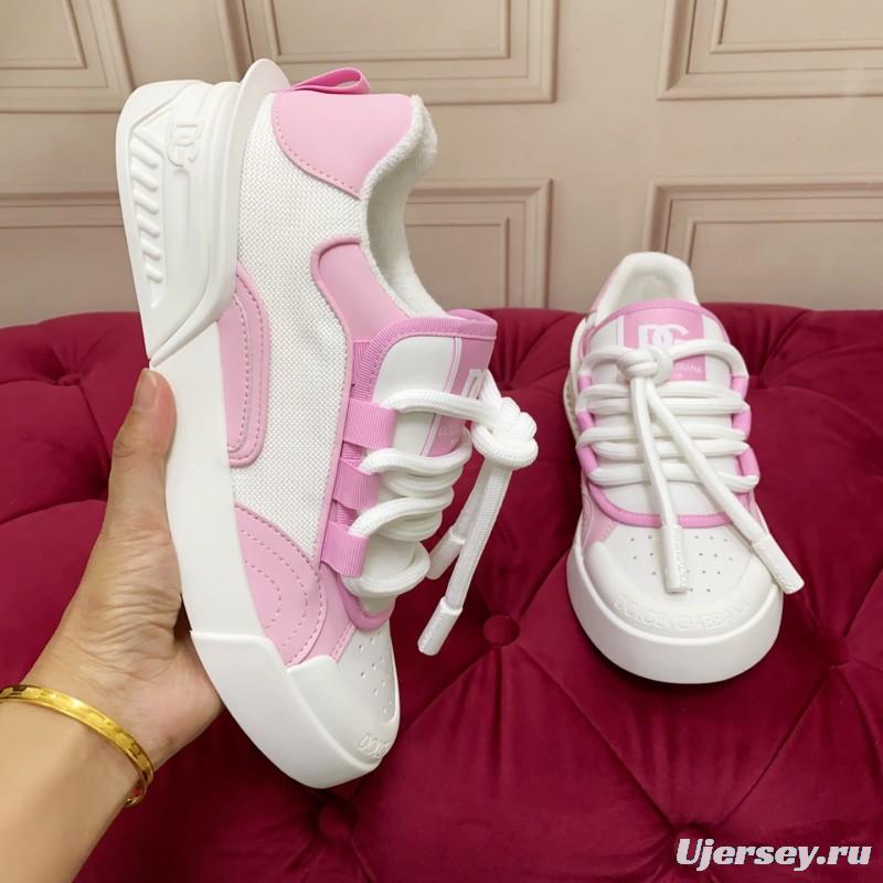 2025 Women Dolce & Gabbana White Pink Leather Mesh Sneakers